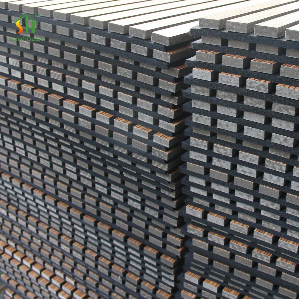 High Quality Class a Fire Rating Acoustic Wall Panel Sunhouse Pet Felt Slatted Wooden Panel for Modern Living Room Design